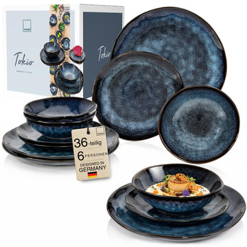 Tokyo Dinner Service, 36 Pieces, Crockery Set for 12 People, Stoneware Tableware Set, Dinnerware, Modern Handmade