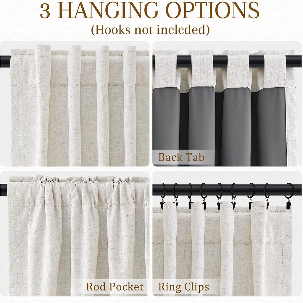 100% Blackout Kitchen Linen Curtains Back Tab Small Drape 36 Inch Length Privacy Natural Elegant Short Black Out Cafe