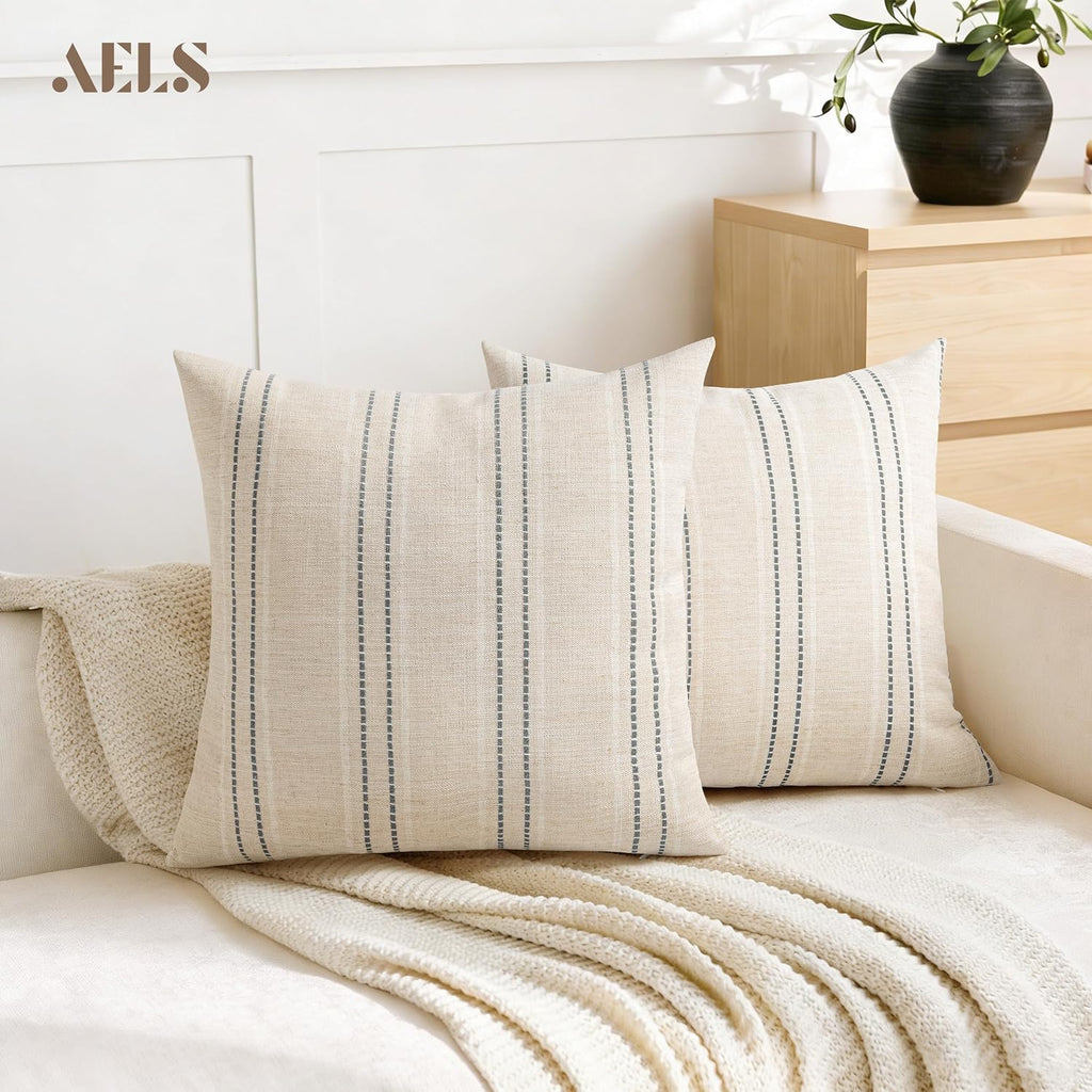 18x18 Decorative Farmhouse Linen Blend Throw Pillow Covers, Boho Textured Pillow Case, Set of 2, Beige with White &