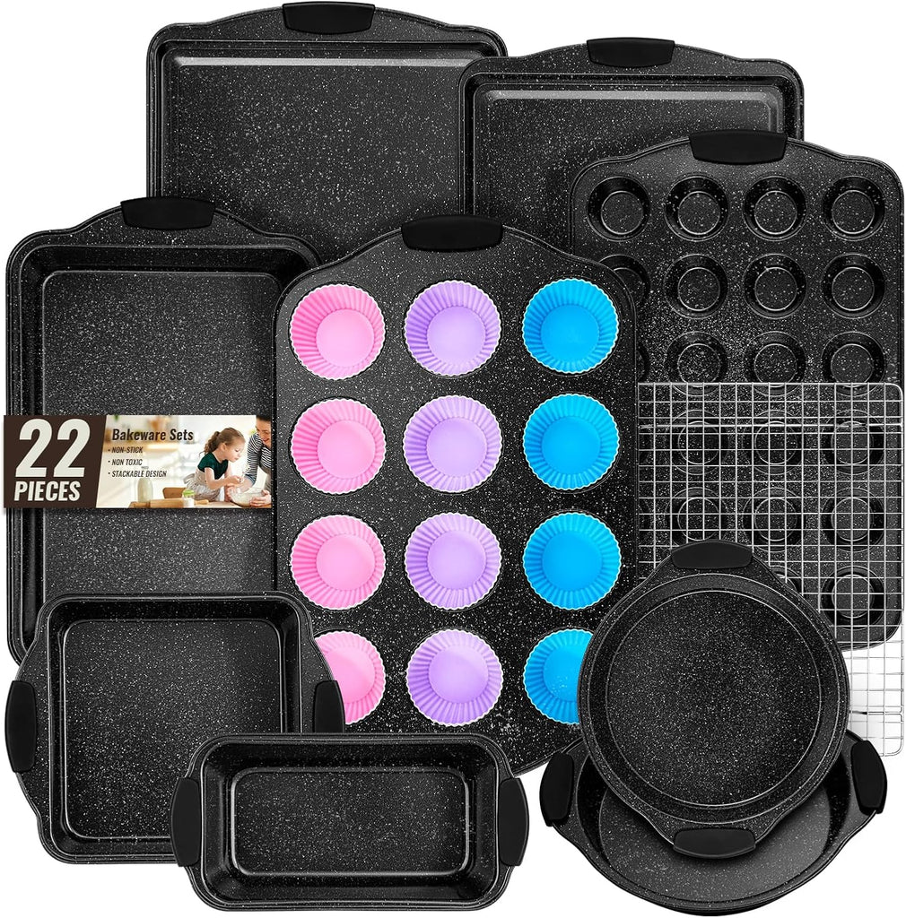 Pans Set Nonstick, Bakeware Sets Stackable with Silicone Handles, 22 Pieces Oven Pan for Cooking Including Cookie