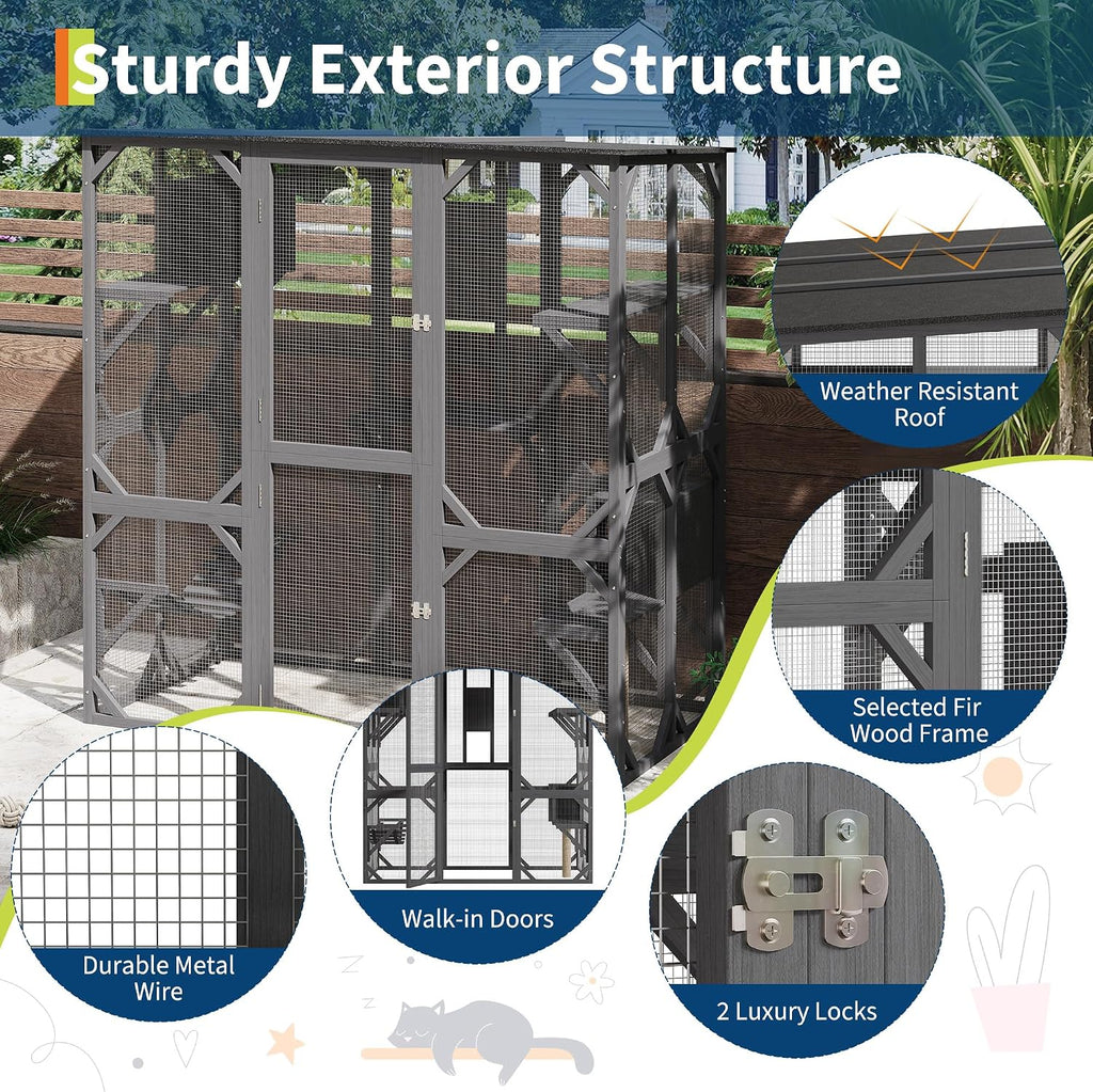 70 Inch Outdoor Catio Cat Enclosure, Walk-in Cat House with Window Access Door and Asphalt Roof, Cats Shelter with 4