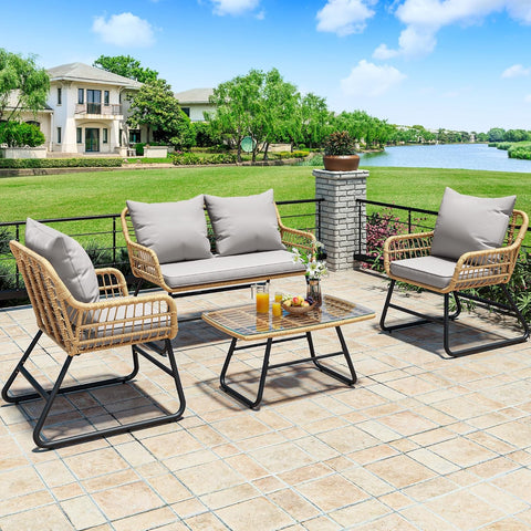 4-Piece Patio Furniture Wicker Outdoor Bistro Set, All-Weather Rattan Conversation Loveseat Chairs for Backyard