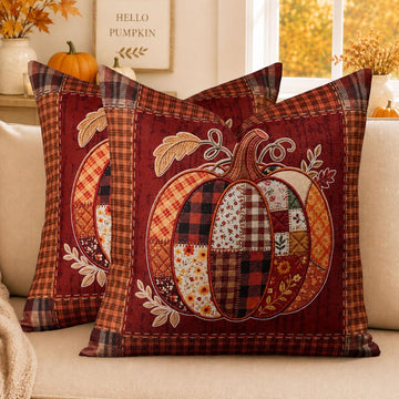 Fall Pillow Covers 18x18 Patchwork Pumpkin Rustic Decor - Set of 2