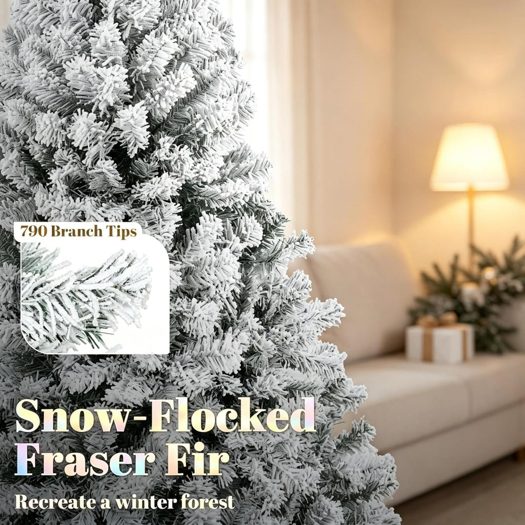Pre-Lit Flocked Fraser Fir Artificial Christmas Tree, 6 ft, White