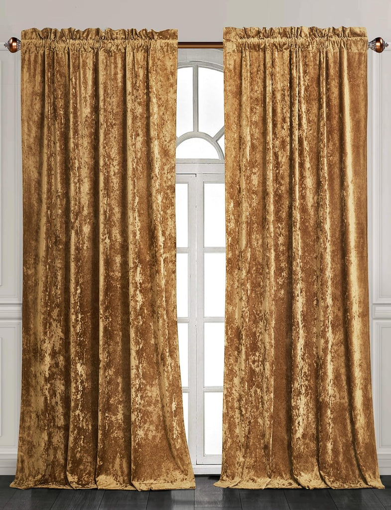 Lux Caramel Gold Crushed Velvet Curtains 2 Panel Set - 96 inches Long Room Darkening Luxury Distressed Velvet Rod