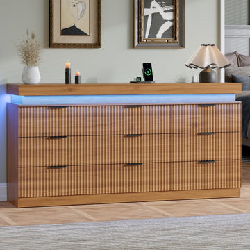 Fluted 9 Drawer Dresser with Charging Station, Walnut