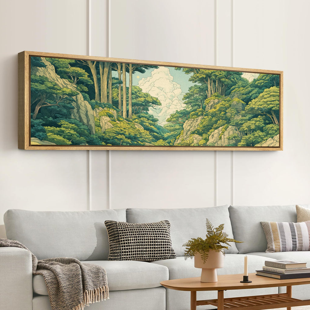 Large Framed Canvas Print Wall Art Japanese Ukiyo-E Style Forest Landscape Green Illustrations Modern Art Relax/Calm