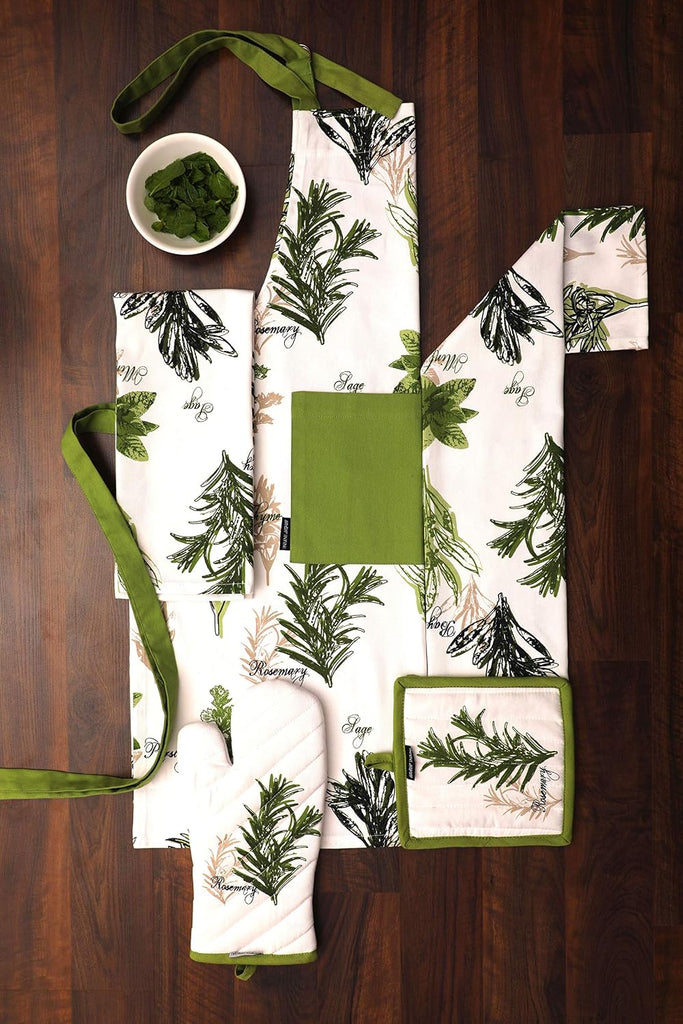 5 Piece Set of Apron, 2 Kitchen Towel, Oven Mitt and Pot Holder Heat Resistant Washable Kitchen Set For Cooking