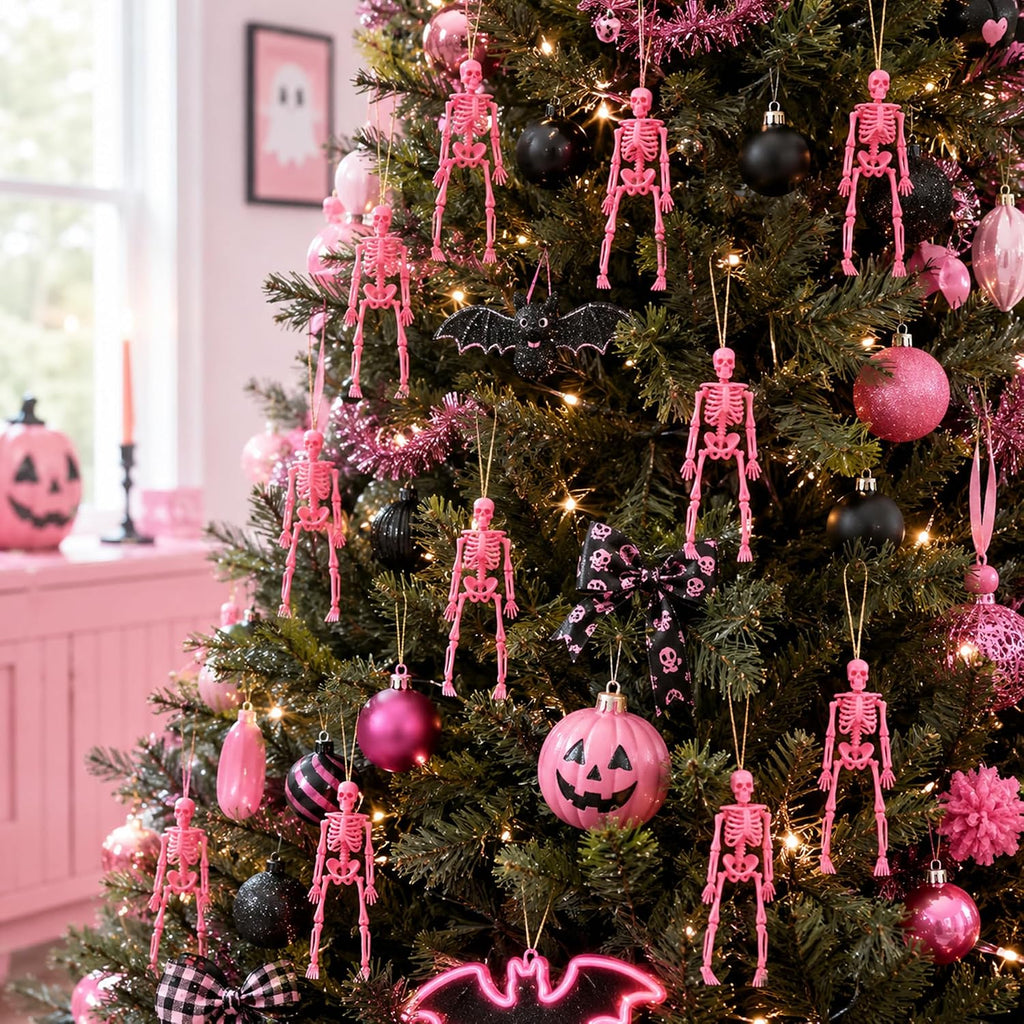 Pink Halloween Mini Skeleton, 6" Posable Skeleton Hanging Decor - Set of 24