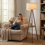 Modern Floor Lamp with White Drum Shade, Wood and Metal Construction, Adjustable Height