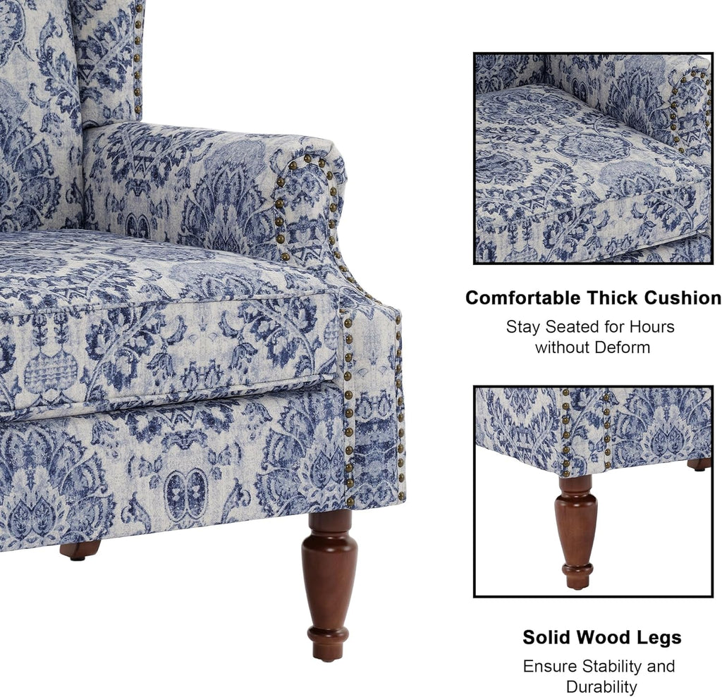 Wingback Accent Chair with Wood Legs, Navy Blue, Set of 1 | High Back with Side Wings | Armrest Nailhead Trim | Solid