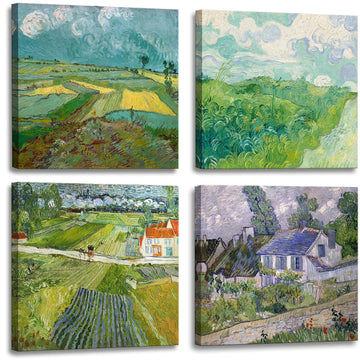 Landscape with a Carriage by Vincent Van Gogh Classic Oil Paintings Artwork, Green Wheat Fields, Houses at Auvers