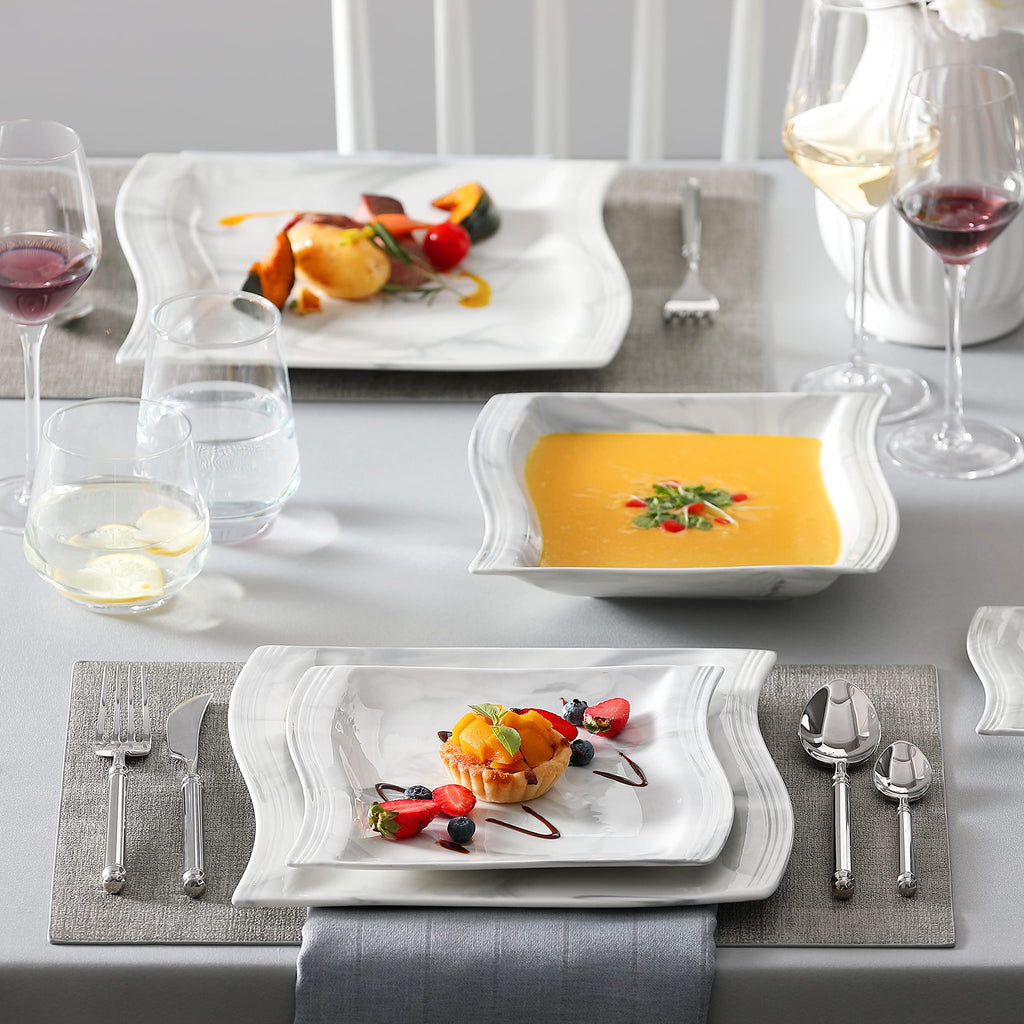 Plates and Bowls Sets, 30 Piece Porcelain Dinnerware Sets for 6, Square Dinnerware Set with Dinner Plate, Dessert