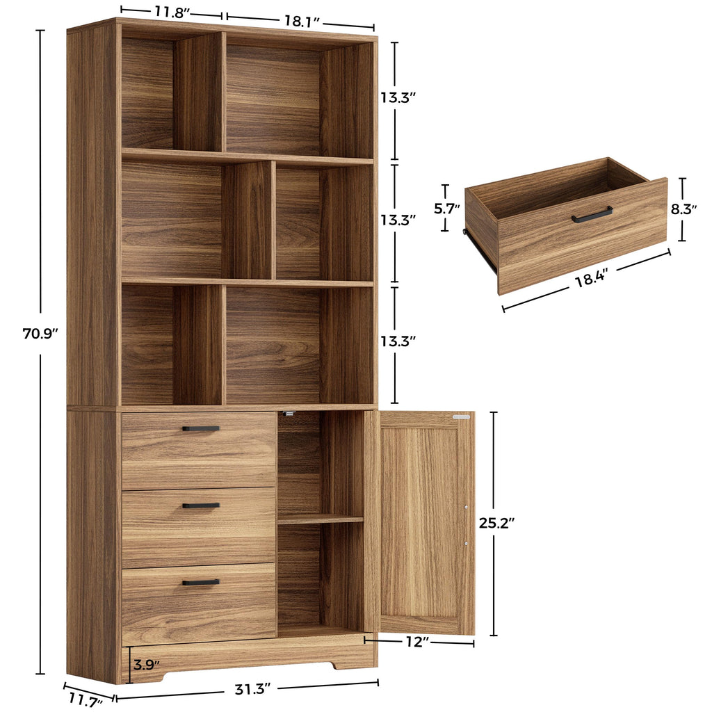 70.9-Inch Bookcase with Doors and 3 Drawers, Oak Brown