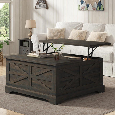 35.5''W Square Coffee Table Farmhouse Lift top Coffee Table with Large Hidden Storage, Wood Center Table, Dark Brown