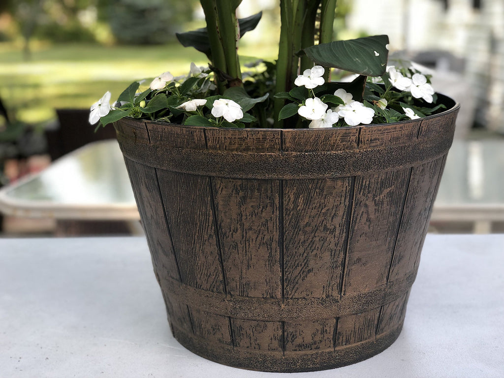 Plant Pots Set of 2 Pack 10 inch, Copper Whiskey Barrel Planters with Drainage Holes. Plastic Decoration Flower Pots