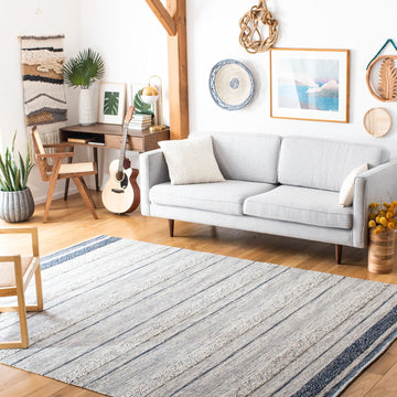 Area Rug - Striped Kilim Collection - Large - Ivory & Navy, Handmade Flat Weave Cotton, Ideal, Dining Space