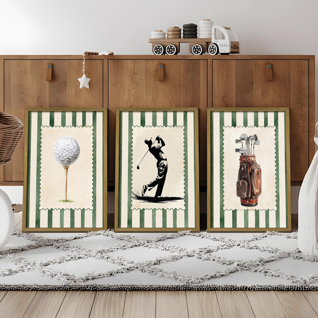 Vintage Golf Wall Art Set of 3 Canvas, Sports Framed Poster, Neutral Country Club Painting for Preppy Home Wall