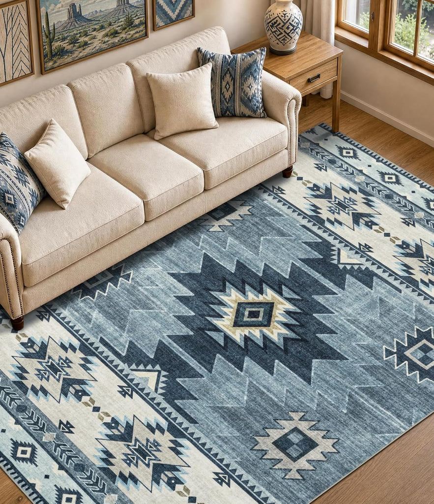 Washable Western Aztec Area Rug, Blue