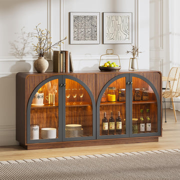 68" Sideboard Buffet Cabinet, Coffee Bar with Glass Doors & LED Light