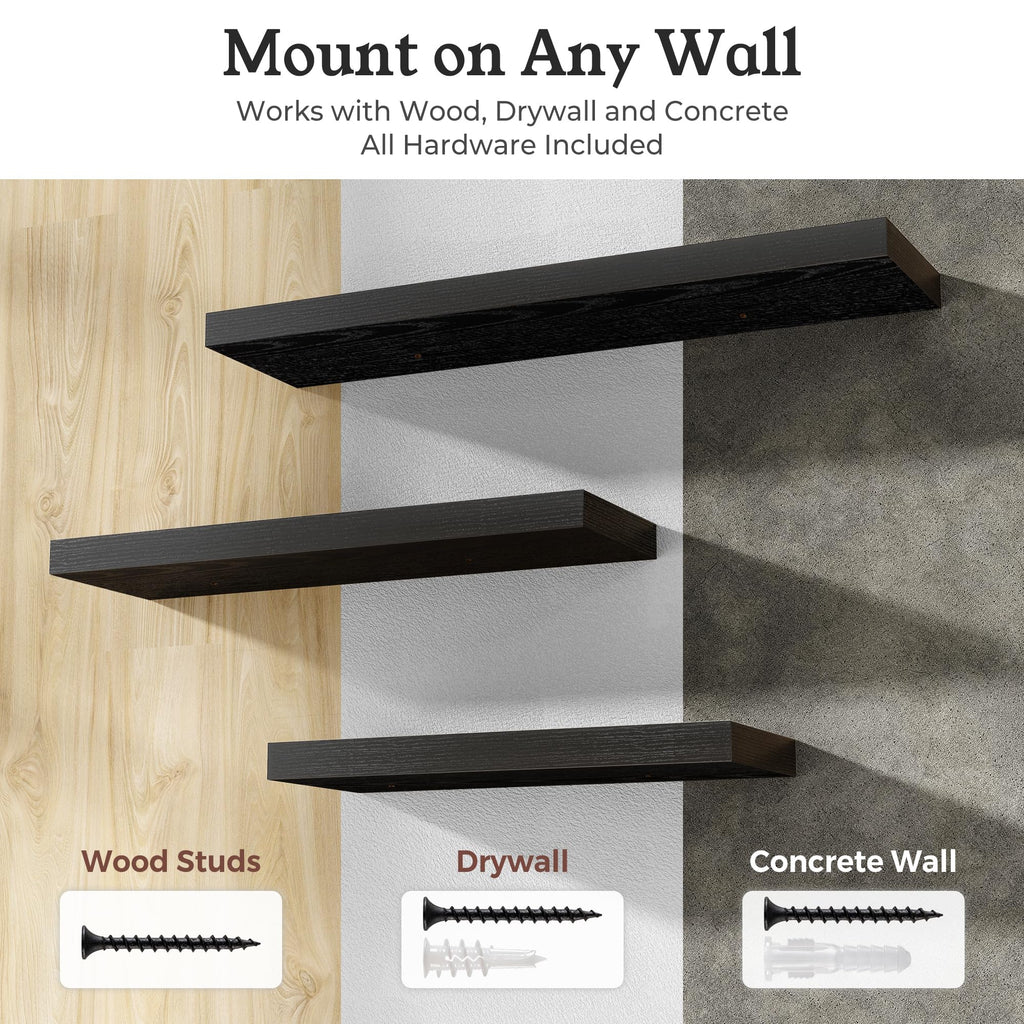 36" Black Floating Shelves Wood Wall Shelf, Black Color, Set of 2