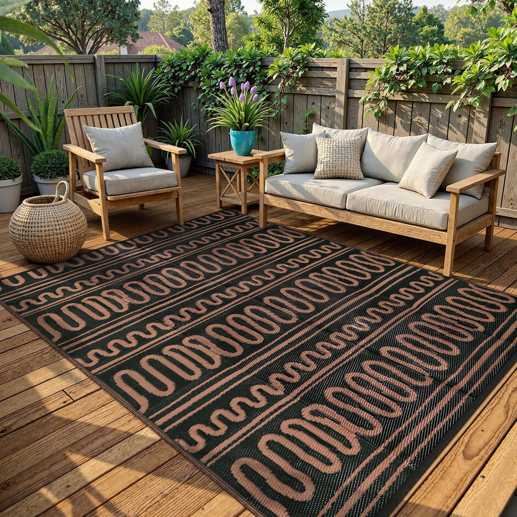 Outdoor Rug Waterproof, Reversible Plastic Straw Rug for Deck, Backyard, RV Camping, Black Brown