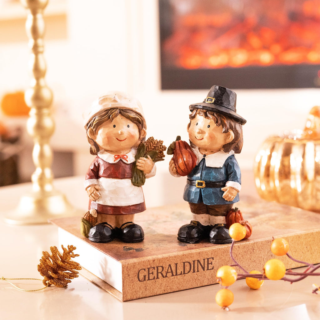 Fall Decorations, 2 Pcs Fall Decor for Table Indoor Outdoor, Resin Thanksgiving Decorations Garden Pumpkins Pilgrim
