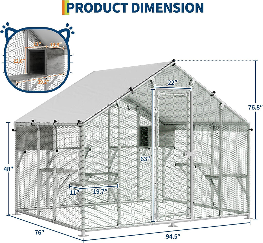 Walk-in Metal Catio 76.8''h Large Outdoor Cat Enclosure Waterproof Roof