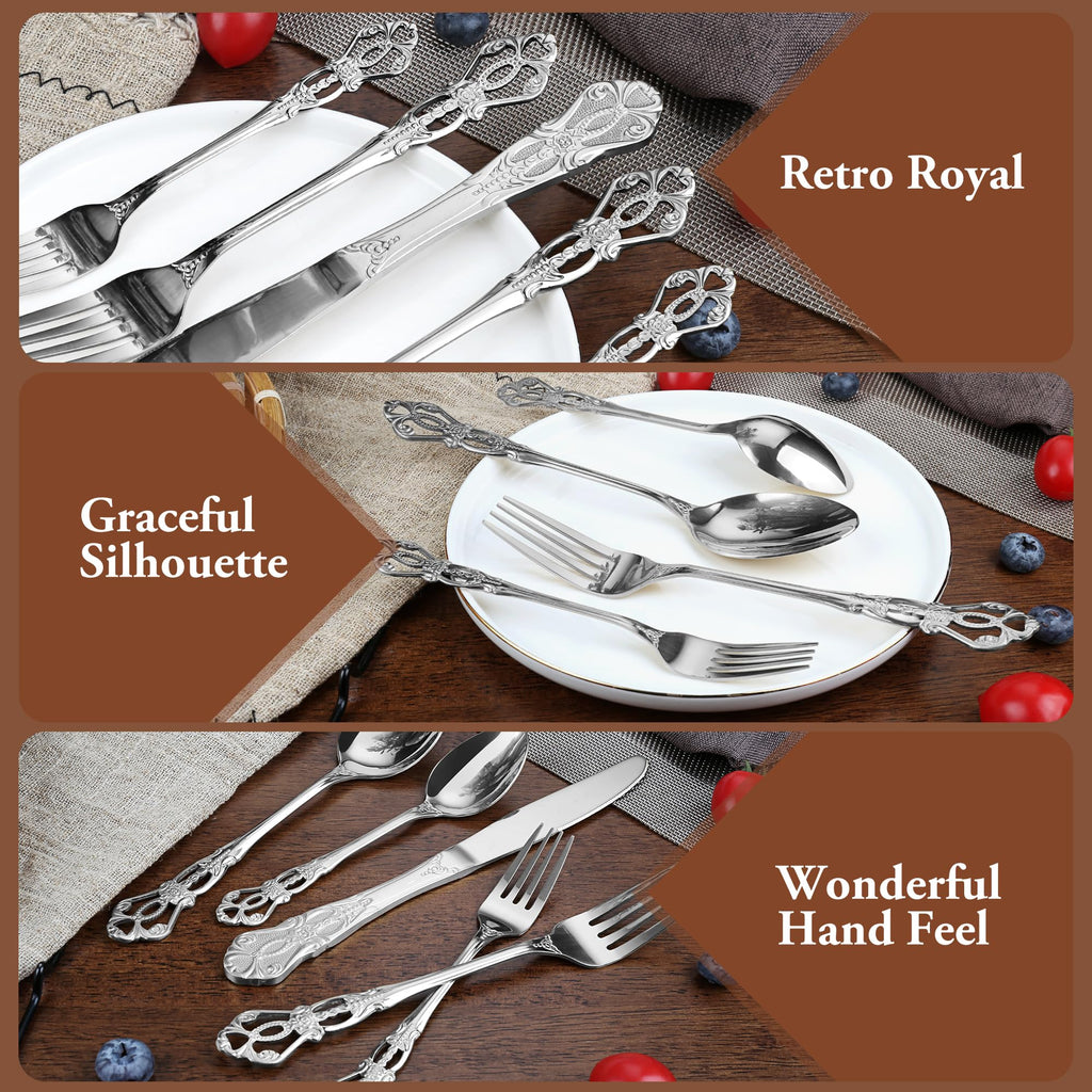 Silverware Set, 30 Pieces Retro Royal Silverware Set for 6, Baroque-Style Stainless Steel Flatware Set Including Fork