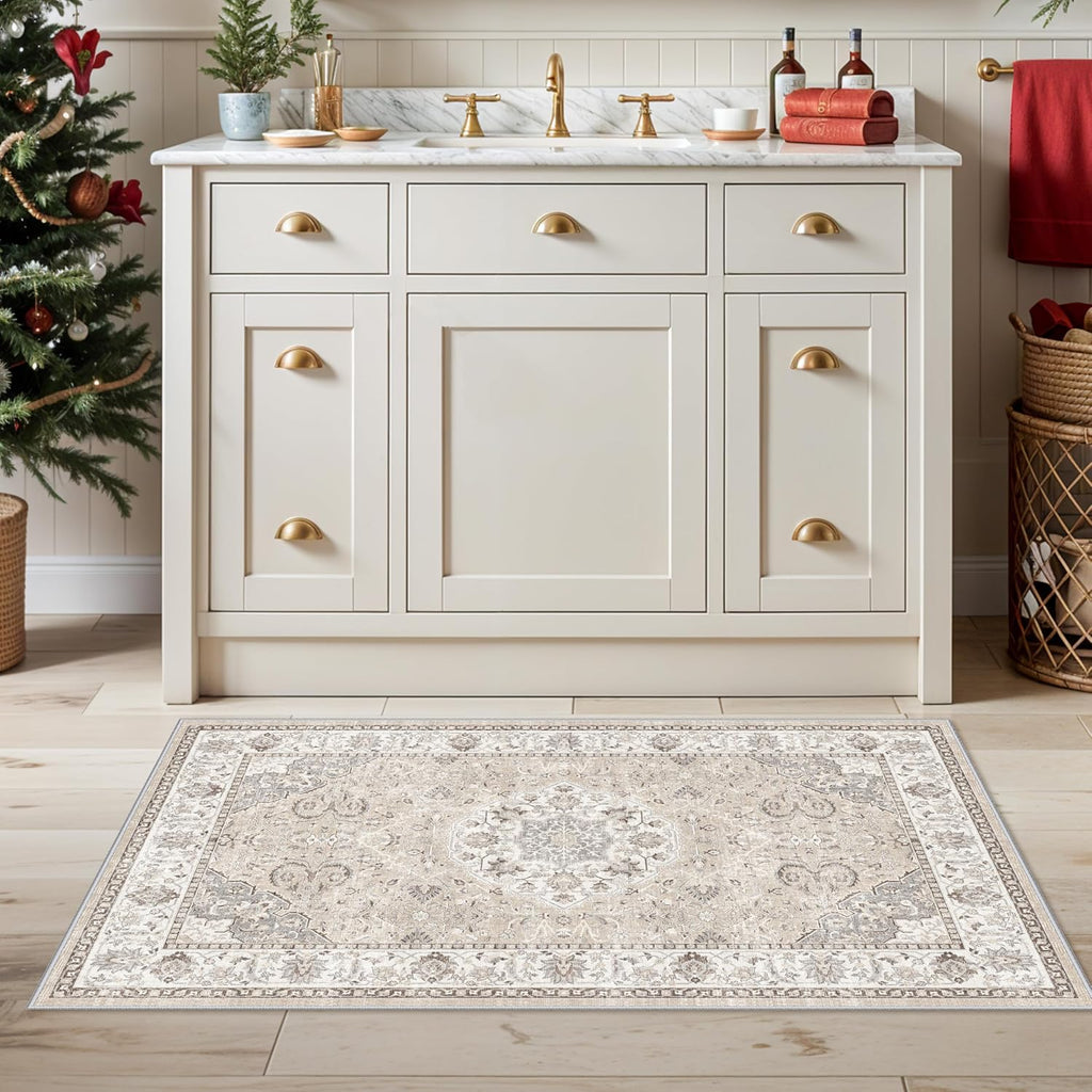 Washable 2x3 Entryway Area Rug - Neutral Kitchen Rug Runner Vintage Soft Floor Mat Non Slip Indoor Farmhouse Carpet