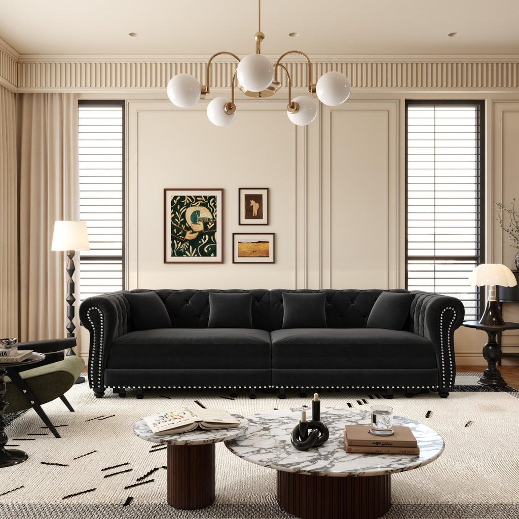 89" Velvet Pull-Out Chesterfield King Sleeper Sofa Bed with Ottoman, Black