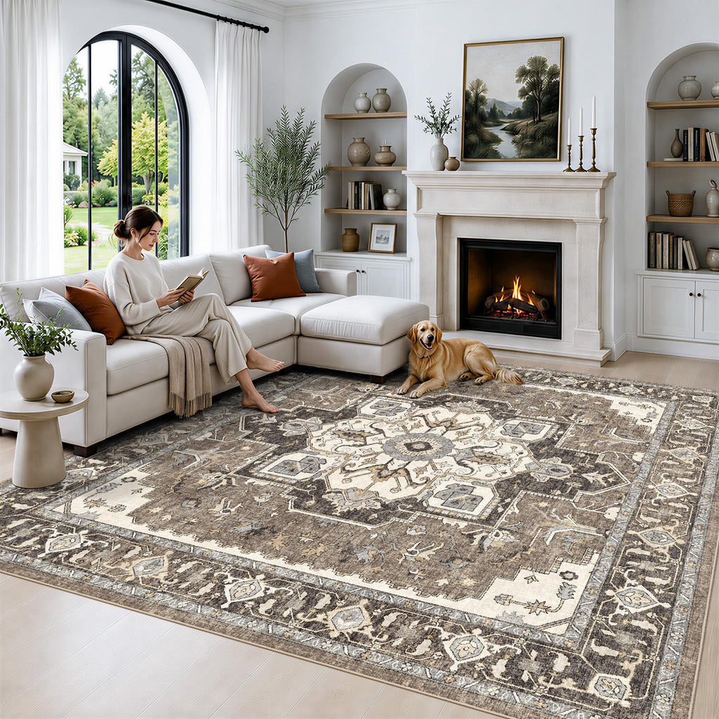 Large Washable Square Rug: Vintage Non-Slip Area Rugs Bedroom Soft Low Pile Boho Carpet Stain Resistant Thin