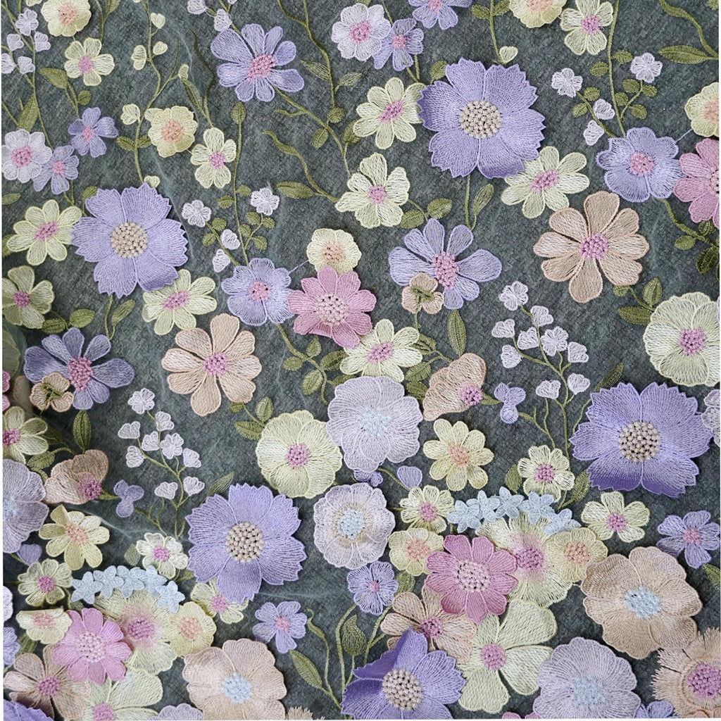 1Yard Blue Embroidery Fabric, Latest Elegant Classic3D Colored Flowers Embroidery Heavior Tulle Lace Fabric for DIY
