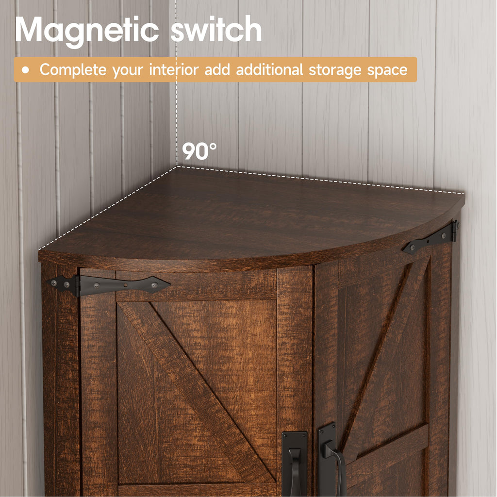 64.8" Tall Farmhouse Corner Cabinet with 4 Doors and 5 Storage Shelves, Farmhouse Storage Cabinet with Barn Door
