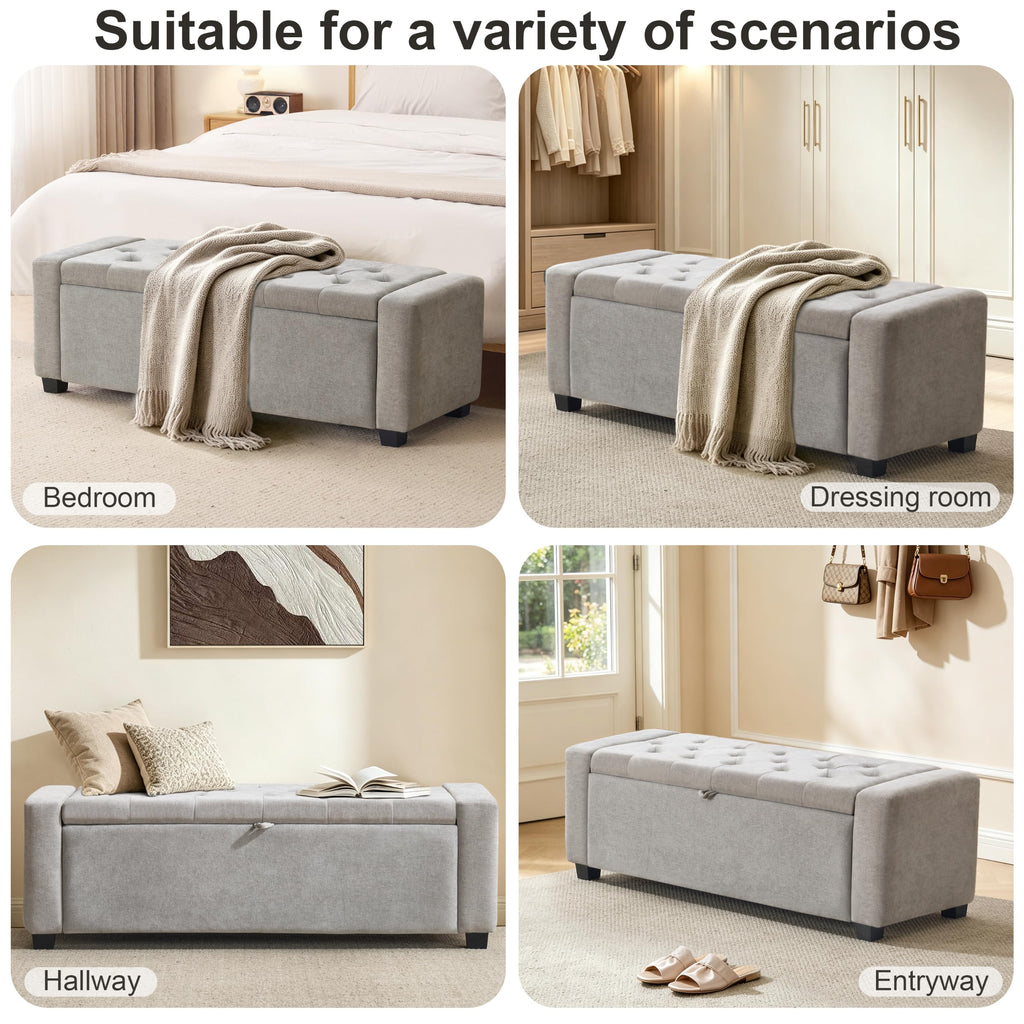 48" Ottoman with Storage, Tufted Linen Storage Ottoman Bench, Gray