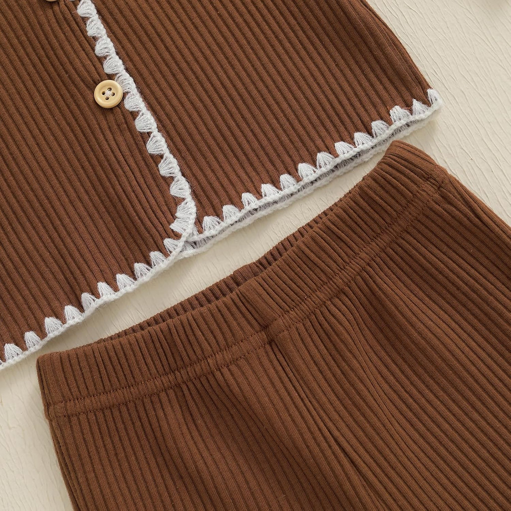 Toddler Baby Girl Fall Winter Outfits Ribbed Long Sleeve Button Down Shirt Tops Flare Pants Cute Clothes Set
