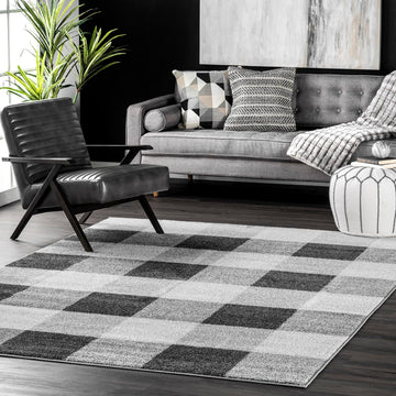 Aisha Grey Plaid Power Loomed Area Rug