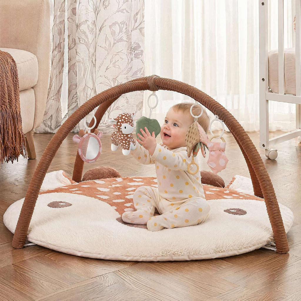Deer Tummy Time Mat Baby Play Gym with 5 Sensory Toys for Newborn