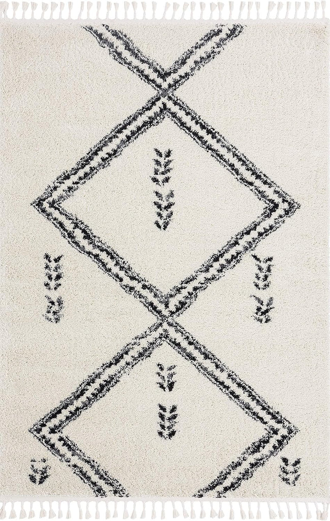 Moroccan Ivory & Grey Shag Area Rug - Traditional Rugs Tribal Print Diamond 7'9" x 10'2" (8x10) Living Room Carpet
