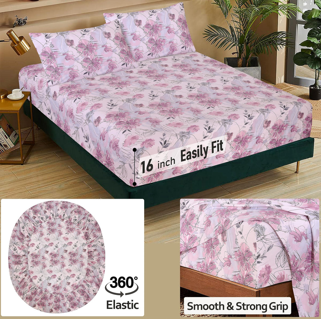 100% Cotton Split King Sheets, Percale Sheet Set, Lilac Floral