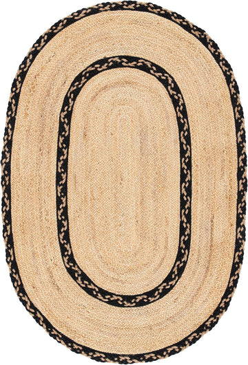 Natural Fiber Collection Area Rug - 4' x 6' Oval, Natural & Black, Handmade Jute, Ideal for High Traffic Areas