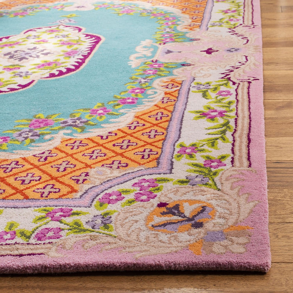 Area Rug 8x10 - Bellagio - Large - Blue & Pink, Handmade Wool, Medallion Design