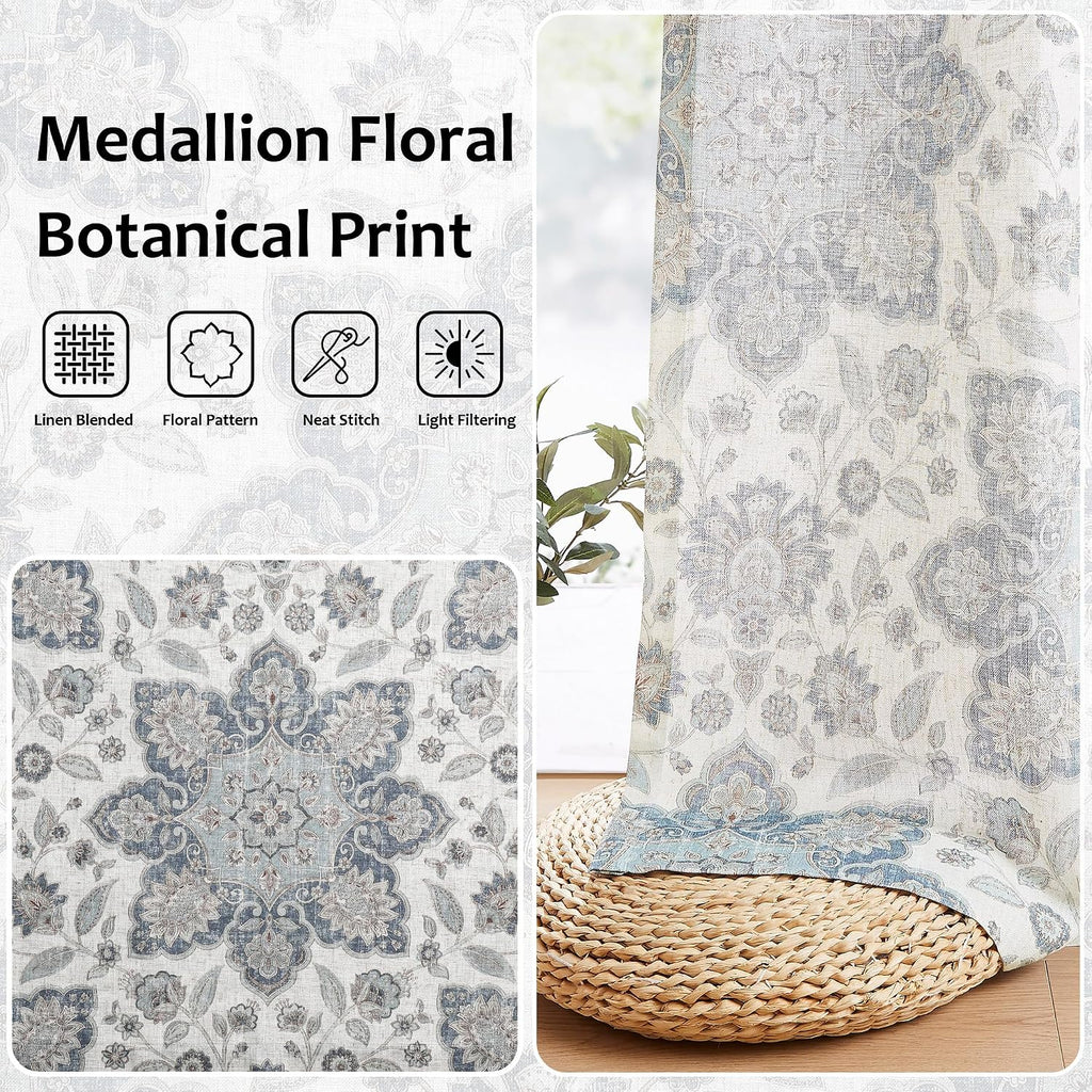 Navy Blue Floral Print Pinch Pleated Light Filtering Curtains with Microfiber Liner Linen Blended Textured Vintage