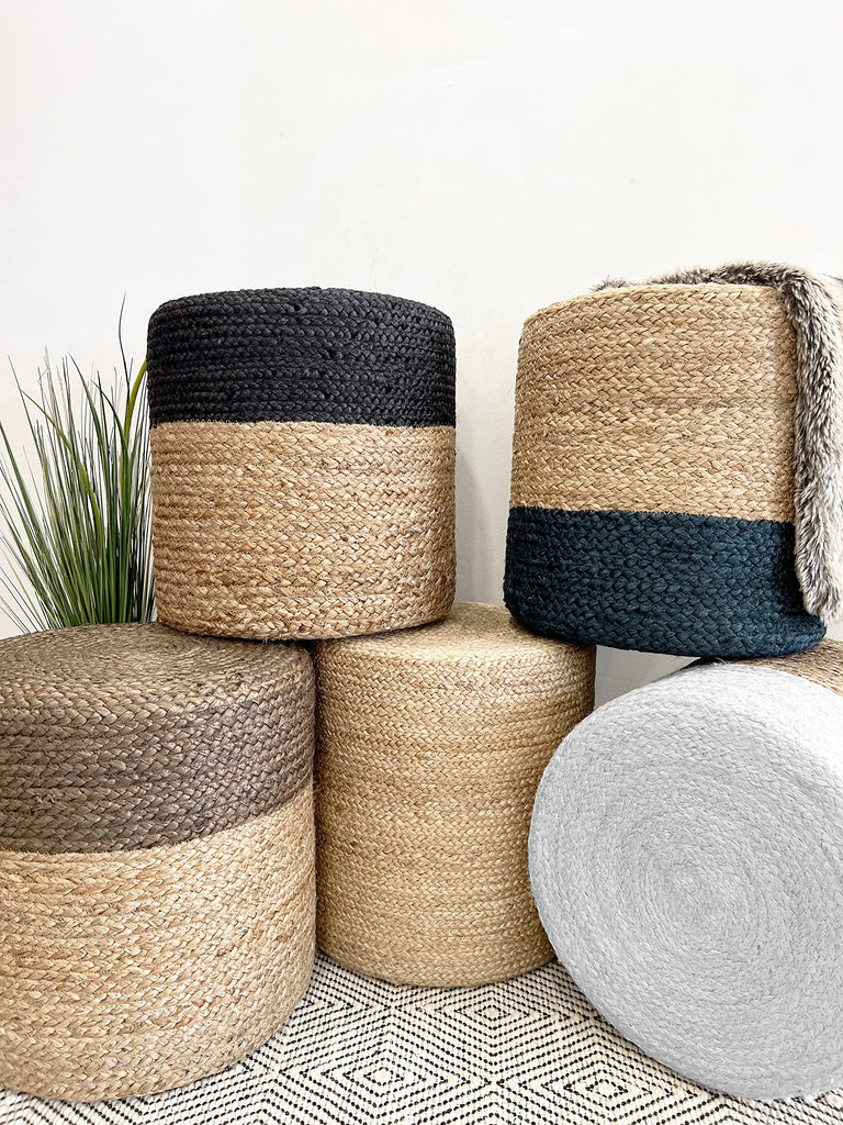 Pouf Ottoman 100% Jute Braided Pouffe Black (16"x16"x16")