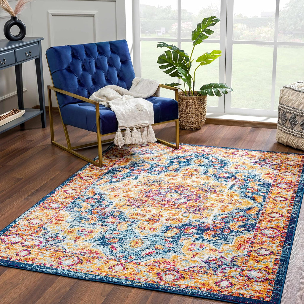 Istanbul Collection Medallion Large Area Rug Bedroom - Traditional Oriental Style - Vintage Distressed - Blue