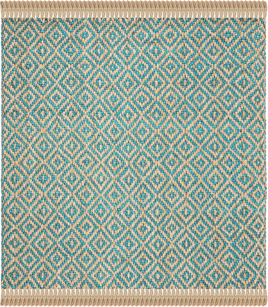 Natural Fiber Collection Area Rug - 6' Square, Turquoise & Natural, Handmade Boho Diamond Tassel Jute, Ideal for High