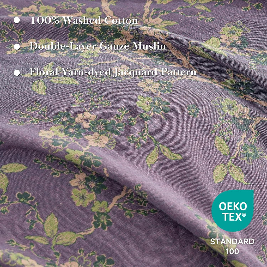 Muslin Duvet Cover Set Queen, 100% Washed Cotton 3 Pieces Yarn-Dyed Vintage Floral Jacquard Textured Bedding, Soft &