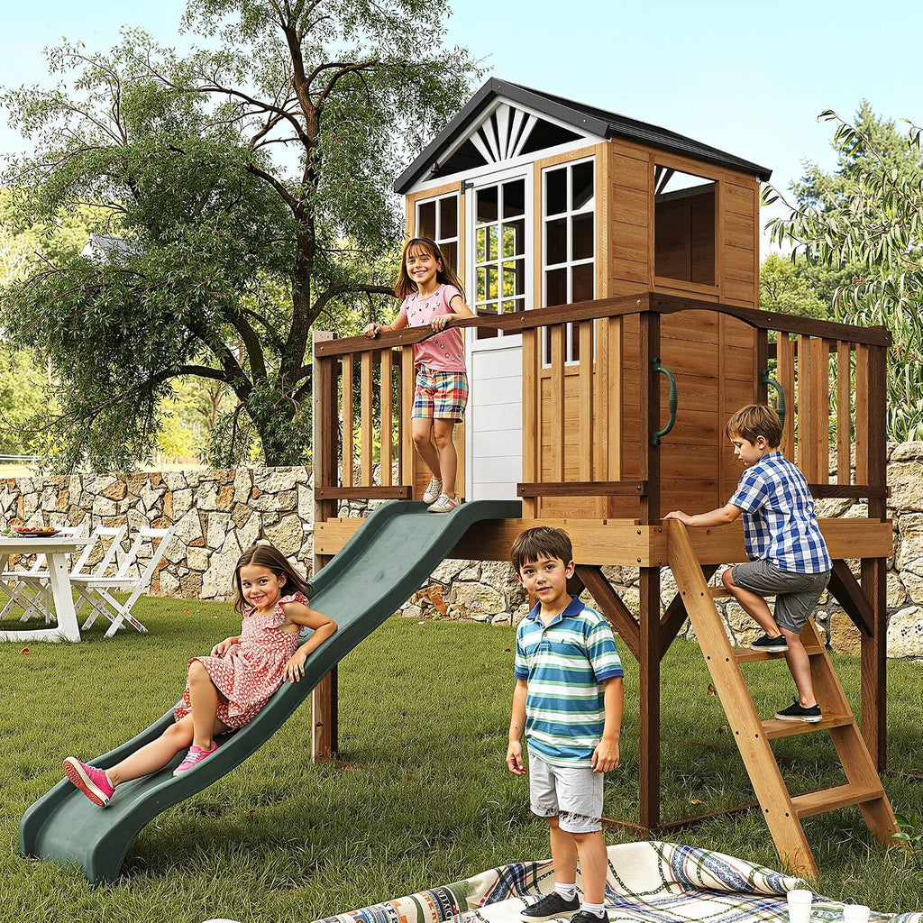 9-in-1 Outdoor Playhouse with Slide & Sandbox - Natural Fir Playset for Kids Ages 3-10, Includes Play Kitchen, Growth