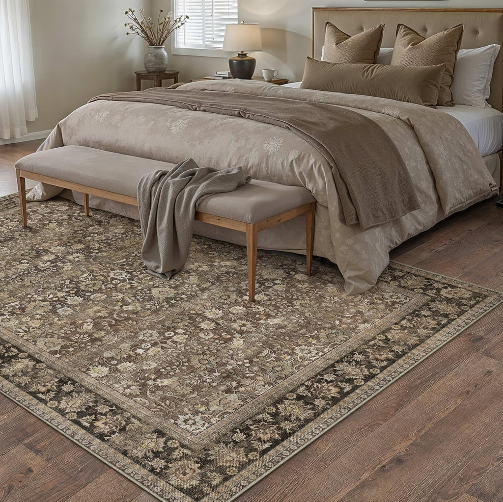 8x10 Machine Washable Rugs Brown Hallway Large Area Rug Indoor Accent Rug Floral Low Pile Carpet Soft Throw Aesthetic