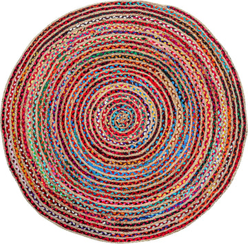 5' Round Handwoven Jute Chindi Area Rug - Colorful Round Boho Rugs | Rugs - Hand Braided Multicolor Bohemian Rug for